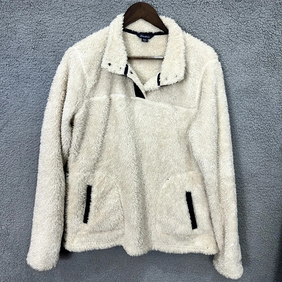 Eddie Bauer sherpa fleece pullover sweatshirt women Large ivory snap collar cozy - Picture 9 of 9
